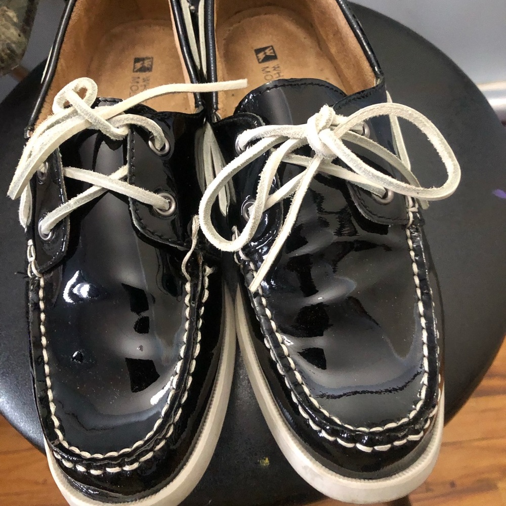 White mountain Black patent leather with a white rubber soul